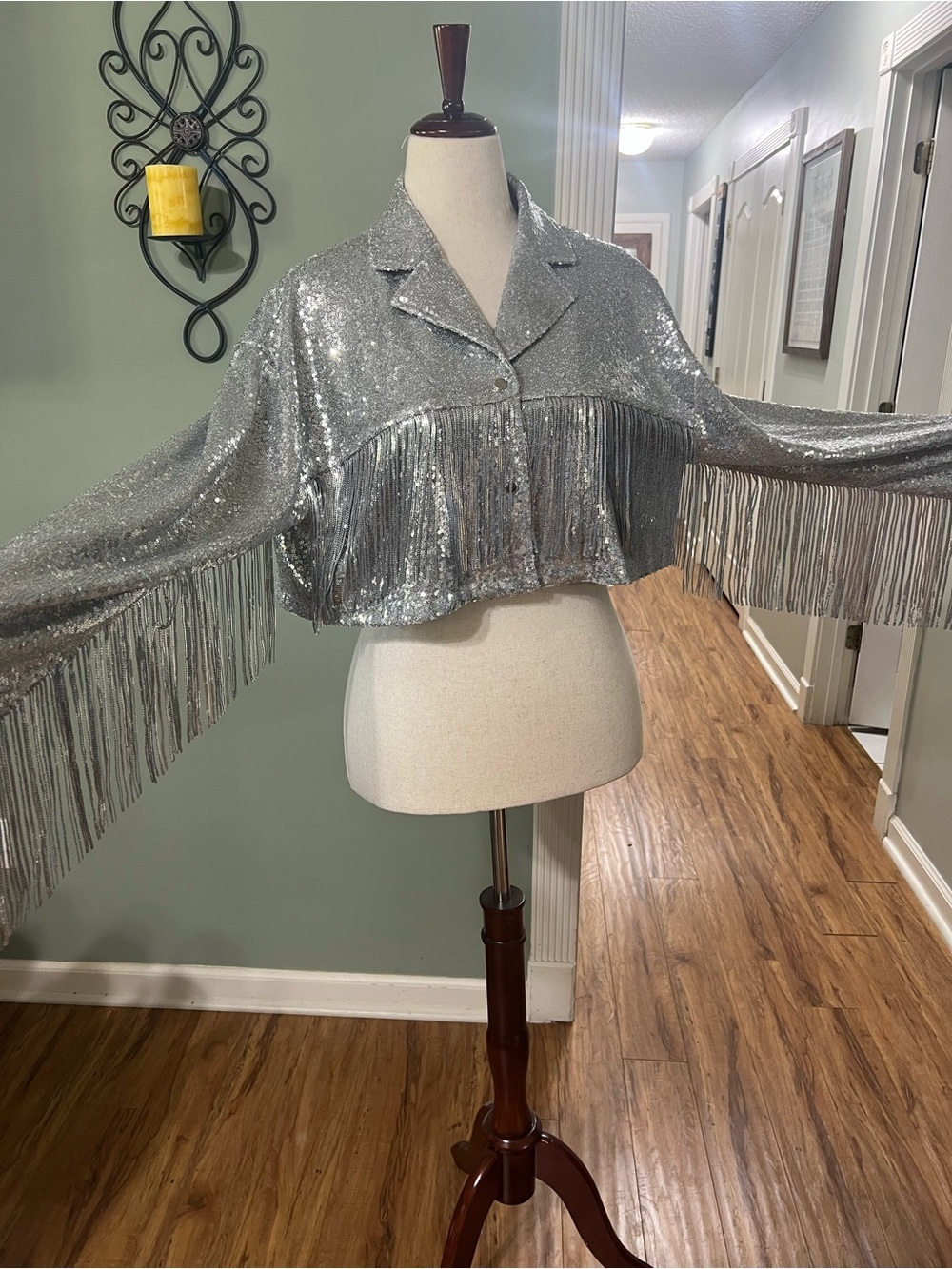 Silver Sequin Fringe Crop Jacket - Women's Party Top - Picture 4 of 7